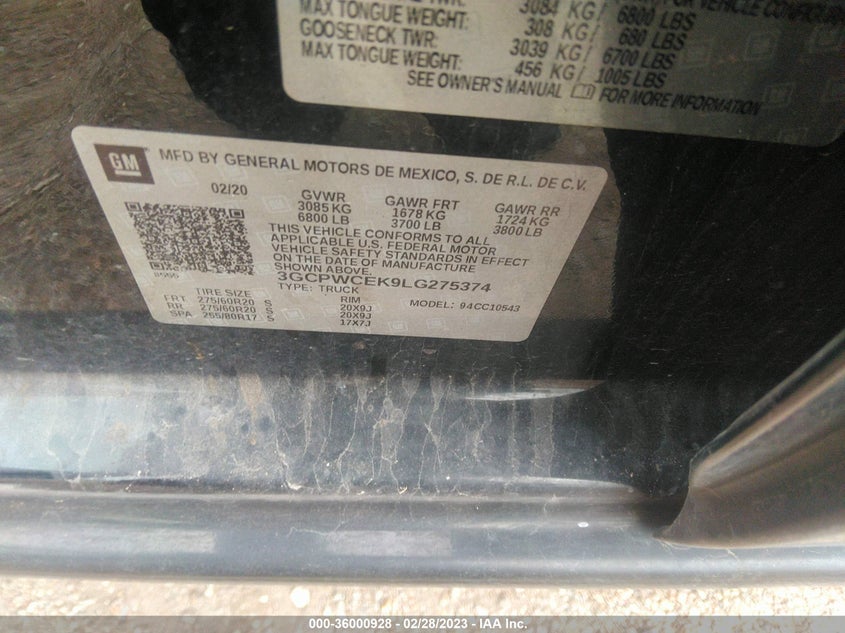 VIN 3GCPWCEK9LG275374 2020 CHEVROLET SILVERADO 1500 LT