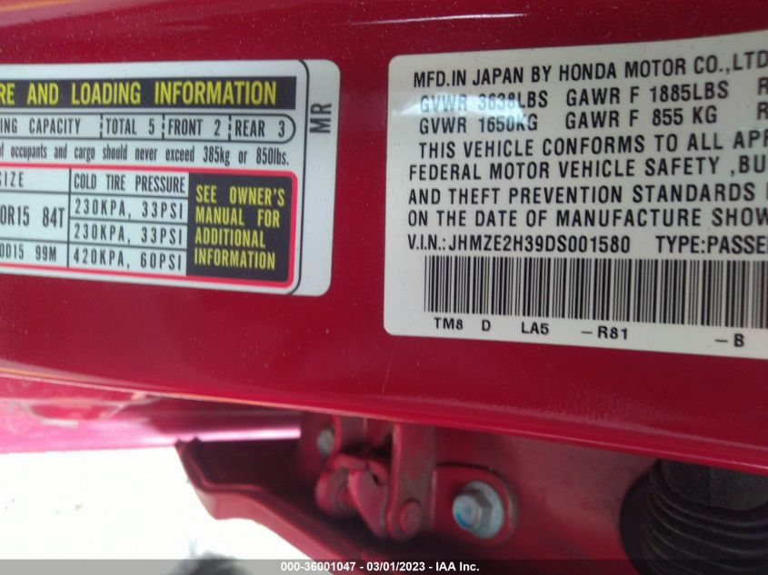 2013 HONDA INSIGHT JHMZE2H39DS001580