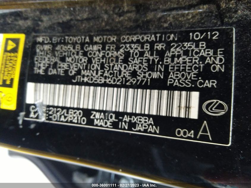 2013 LEXUS CT 200H HYBRID - JTHKD5BH6D2129771