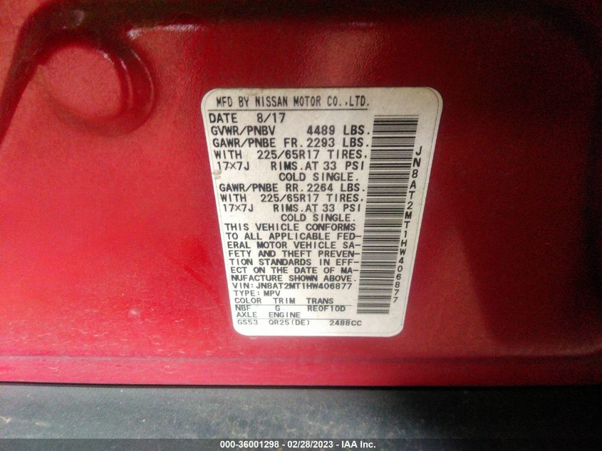 2017 NISSAN ROGUE SV - JN8AT2MT1HW406877