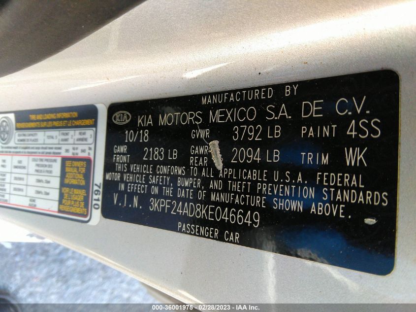 2019 KIA FORTE LXS - 3KPF24AD8KE046649