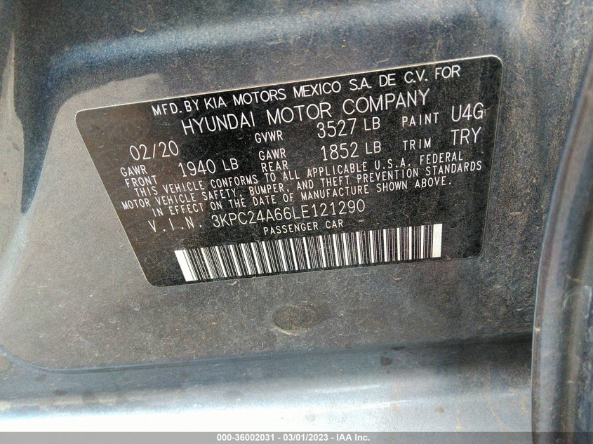 VIN 3KPC24A66LE121290 2020 HYUNDAI ACCENT SE