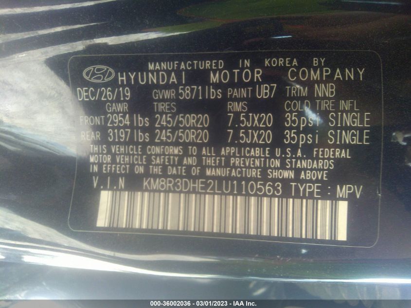 VIN KM8R3DHE2LU110563 2020 HYUNDAI PALISADE no.9