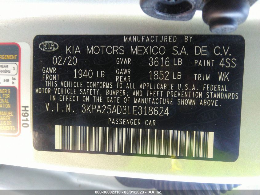 2020 KIA RIO 5-DOOR S 3KPA25AD3LE318624