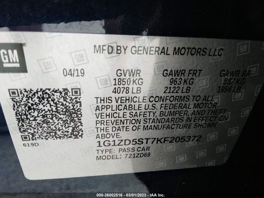 2019 CHEVROLET MALIBU LT - 1G1ZD5ST7KF205372