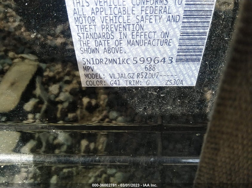 VIN 5N1DR2MN1KC599643 2019 NISSAN PATHFINDER SL