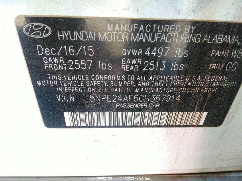 2016 HYUNDAI SONATA 2.4L - 5NPE24AF6GH367914