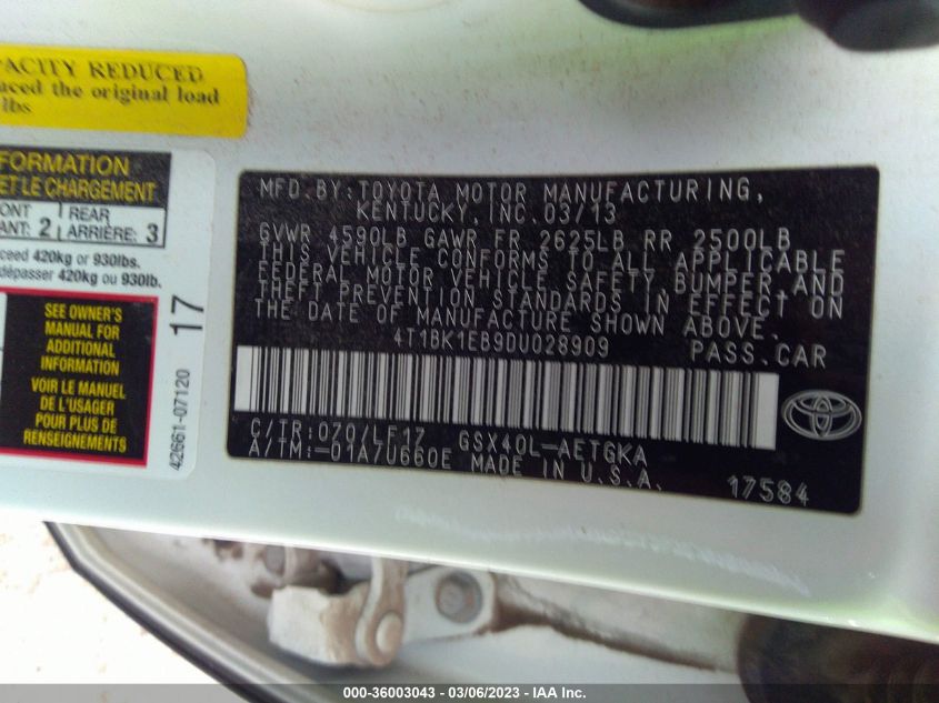 2013 TOYOTA AVALON XLE/LIMITED - 4T1BK1EB9DU028909