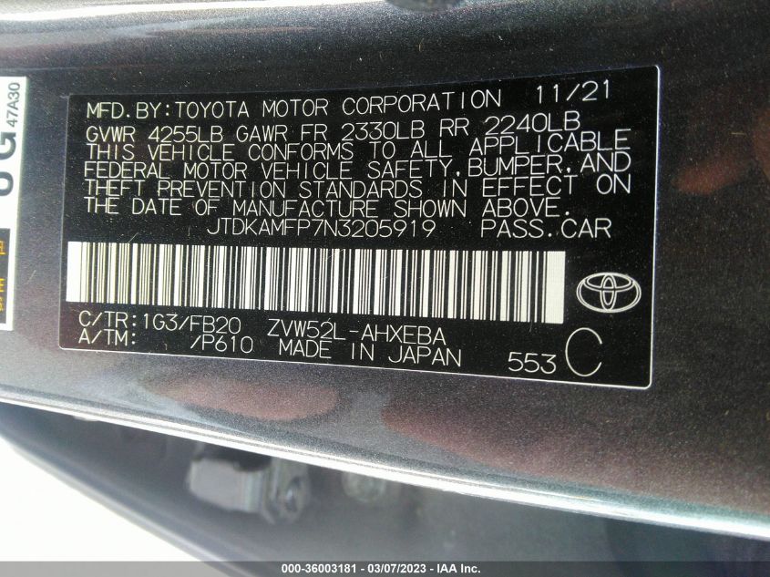 2022 TOYOTA PRIUS PRIME LE/XLE/LIMITED - JTDKAMFP7N3205919