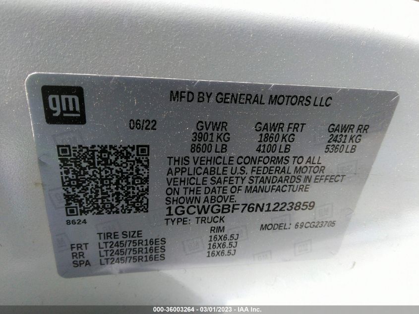 2022 CHEVROLET EXPRESS CARGO VAN - 1GCWGBF76N1223859