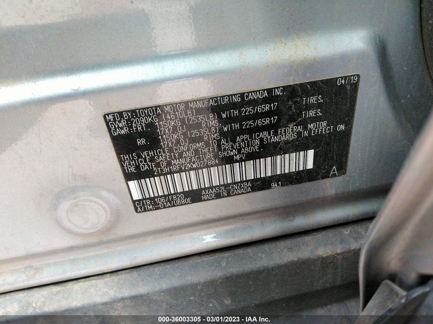 VIN 2T3H1RFV2KW027884 2019 TOYOTA RAV4 LE