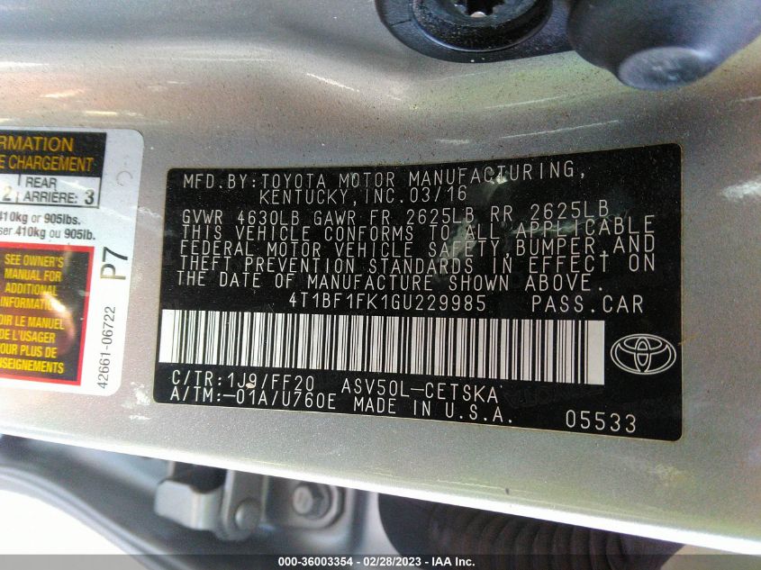 2016 TOYOTA CAMRY XLE/SE/LE/XSE - 4T1BF1FK1GU229985