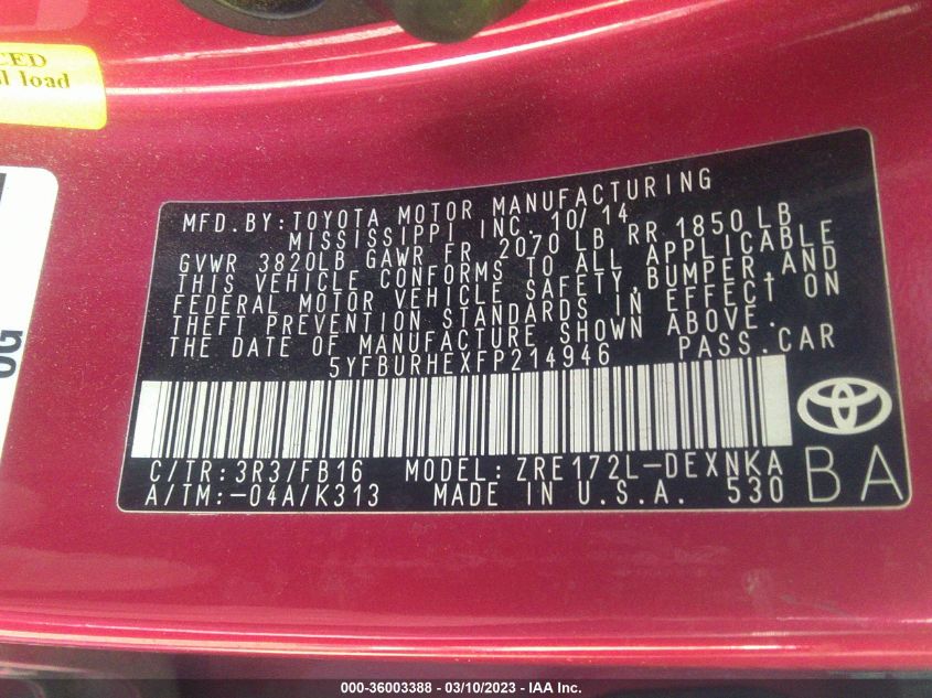 2015 TOYOTA COROLLA L/LE/S/S PLUS/LE PLUS - 5YFBURHEXFP214946