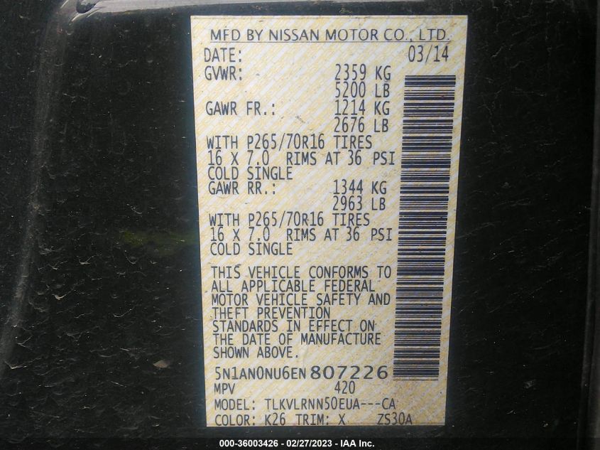 2014 NISSAN XTERRA X/S 5N1AN0NU6EN807226