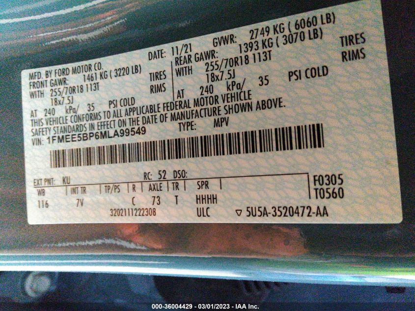 2021 FORD BRONCO BASE/BIG BEND - 1FMEE5BP6MLA99549