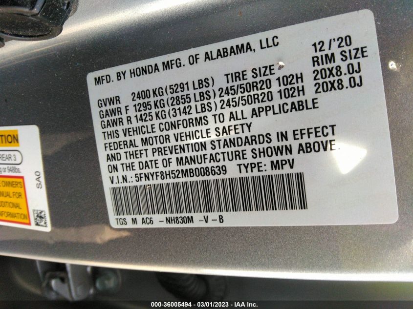 2021 HONDA PASSPORT EX-L 5FNYF8H52MB008639