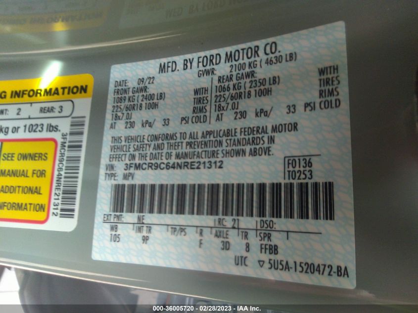 2022 FORD BRONCO SPORT OUTER BANKS - 3FMCR9C64NRE21312