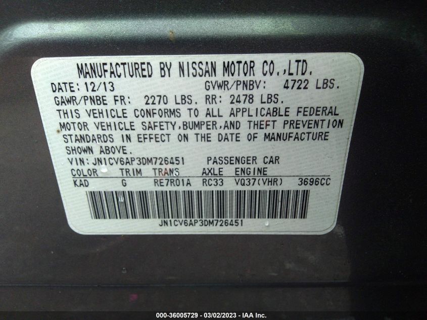 2013 INFINITI G37 SEDAN JOURNEY - JN1CV6AP3DM726451