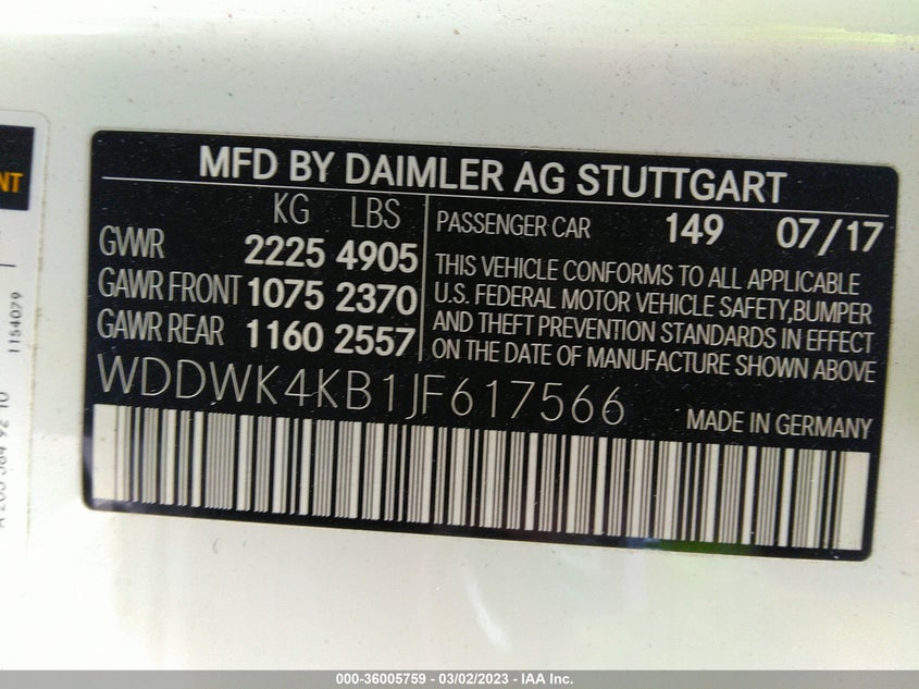 VIN WDDWK4KB1JF617566 2018 MERCEDES-BENZ C-CLASS C 300