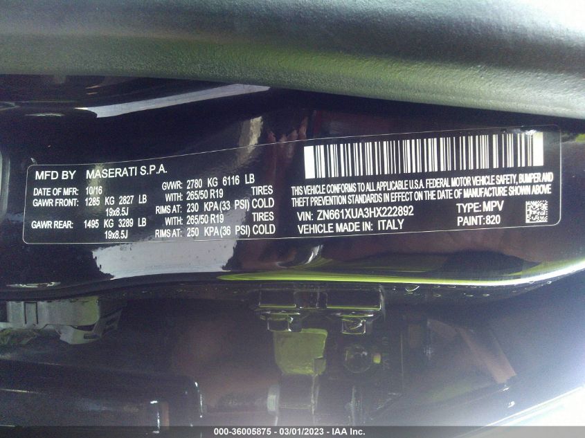 2017 MASERATI LEVANTE ZN661XUA3HX222892