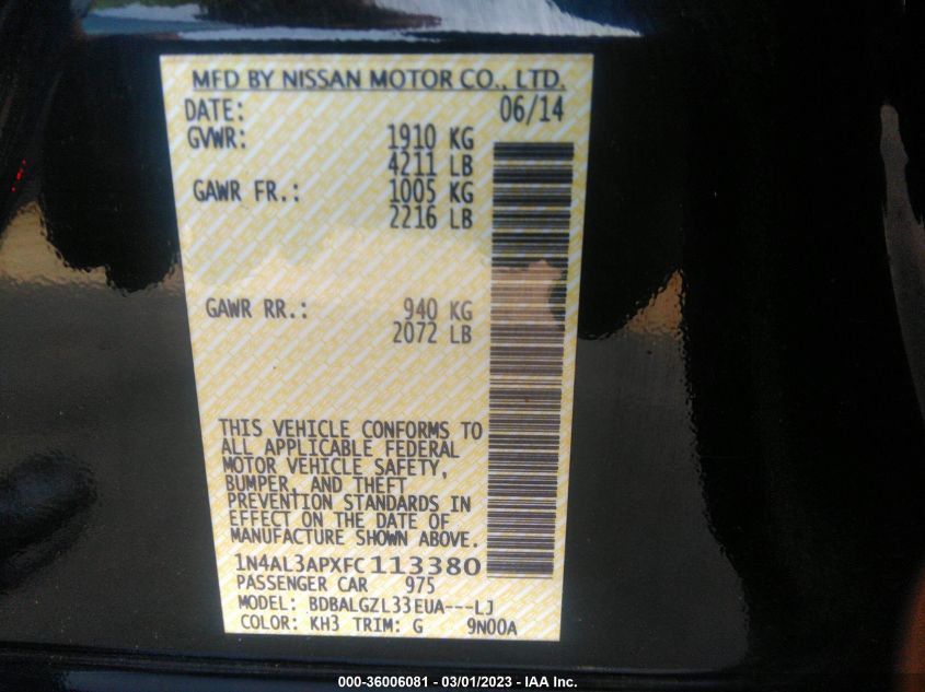 2015 NISSAN ALTIMA 2.5 S - 1N4AL3APXFC113380