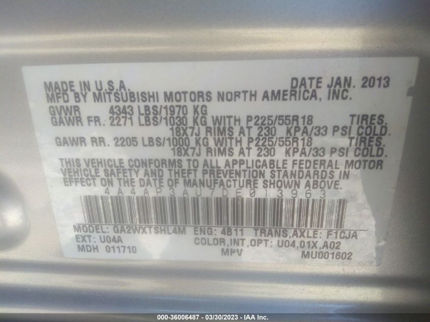 2013 MITSUBISHI OUTLANDER SPORT ES - 4A4AP3AU7DE013963