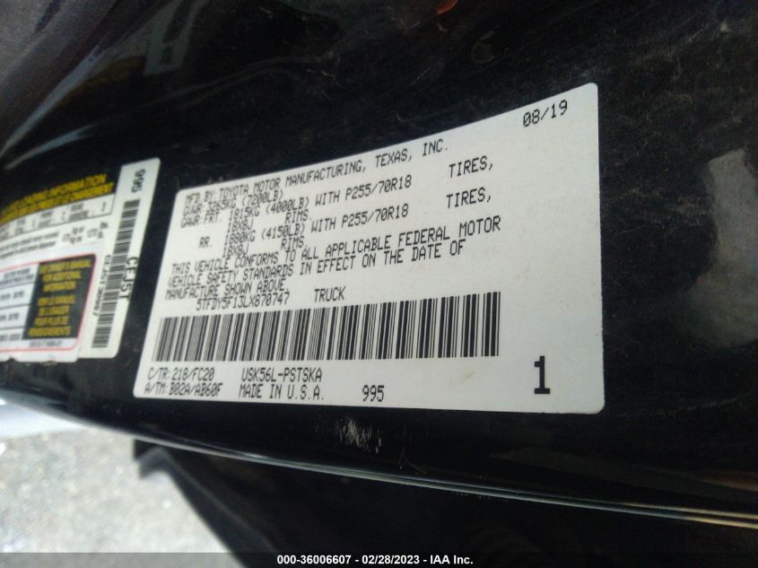 2020 TOYOTA TUNDRA 4WD SR5/TRD PRO - 5TFDY5F13LX870747
