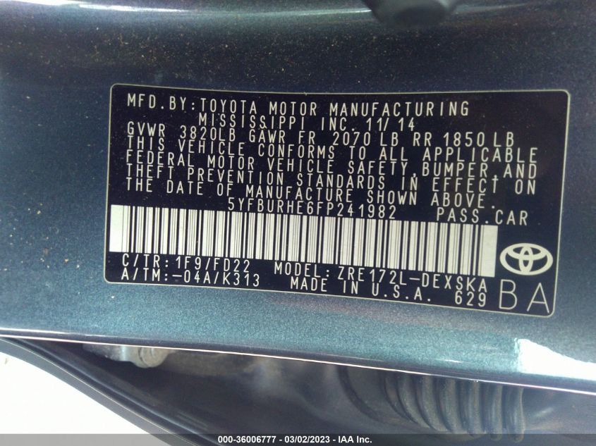 2015 TOYOTA COROLLA L/LE/S/S PLUS/LE PLUS - 5YFBURHE6FP241982