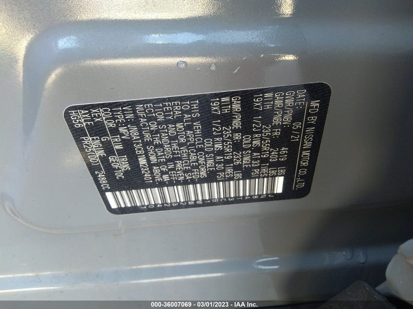 VIN JN8AT3CB1MW232401 2021 NISSAN ROGUE SL