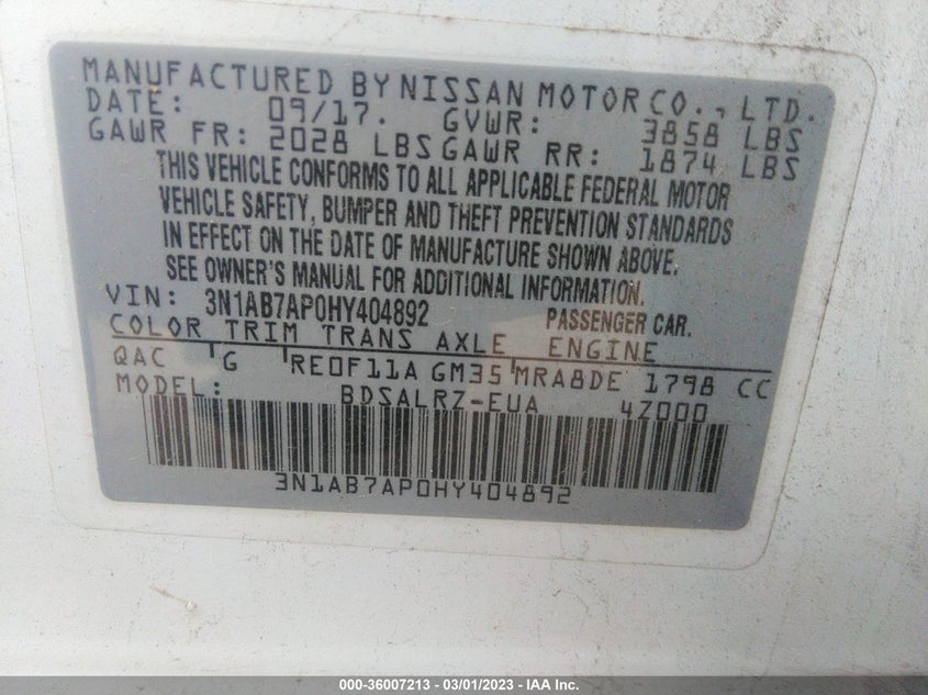 VIN 3N1AB7AP0HY404892 2017 NISSAN SENTRA SR