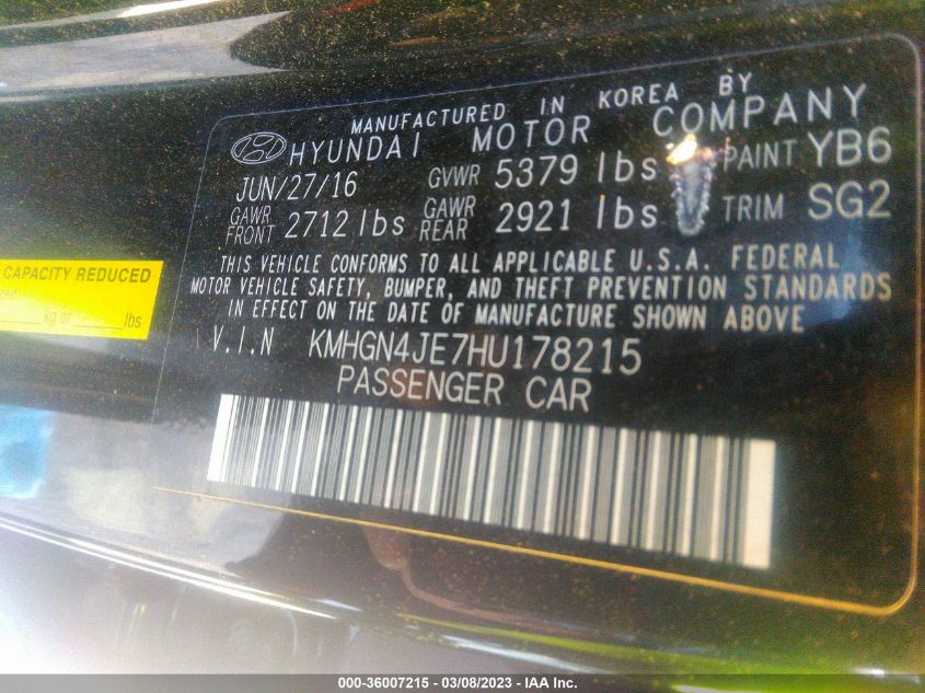 2017 GENESIS G80 3.8L - KMHGN4JE7HU178215