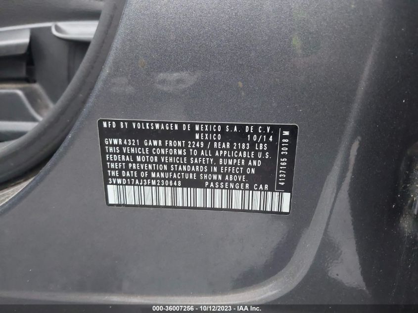 2015 VOLKSWAGEN JETTA SEDAN 1.8T SE W/CONNECTIVITY 3VWD17AJ3FM230648