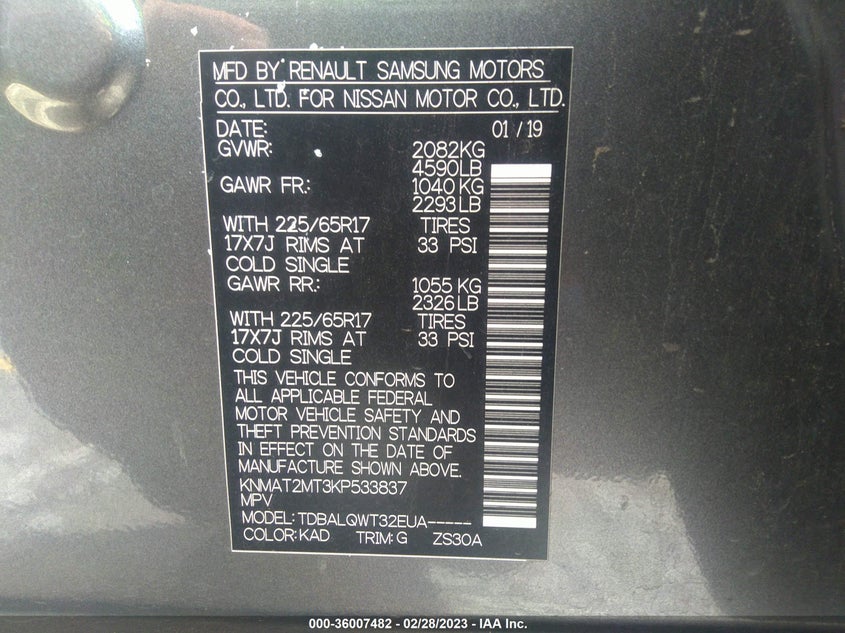VIN KNMAT2MT3KP533837 2019 NISSAN ROGUE SV