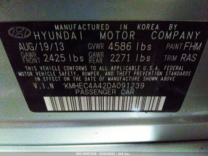 2013 HYUNDAI SONATA HYBRID LIMITED - KMHEC4A42DA091239