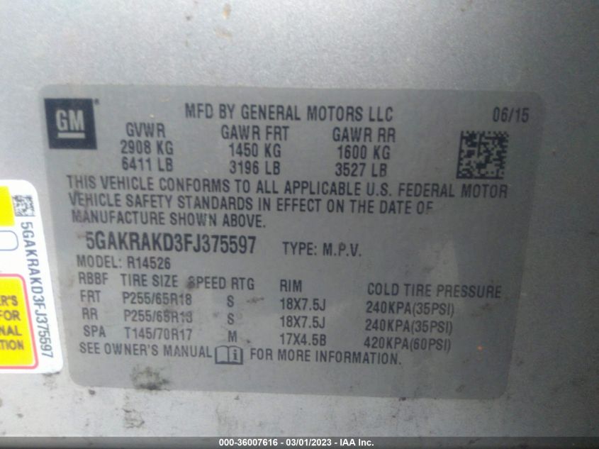 2015 BUICK ENCLAVE CONVENIENCE - 5GAKRAKD3FJ375597