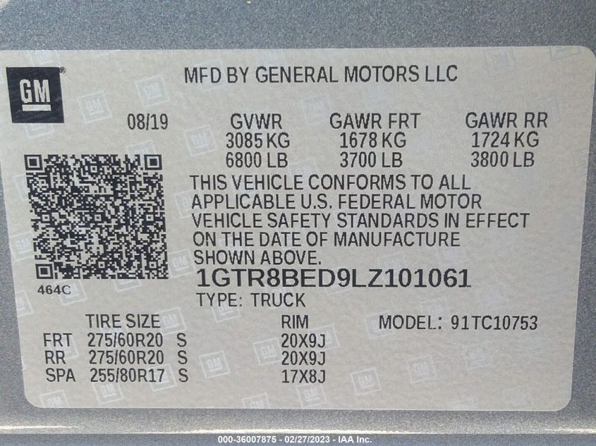 2020 GMC SIERRA 1500 SLE - 1GTR8BED9LZ101061