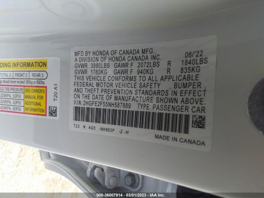 2022 HONDA CIVIC SEDAN SPORT - 2HGFE2F55NH587889