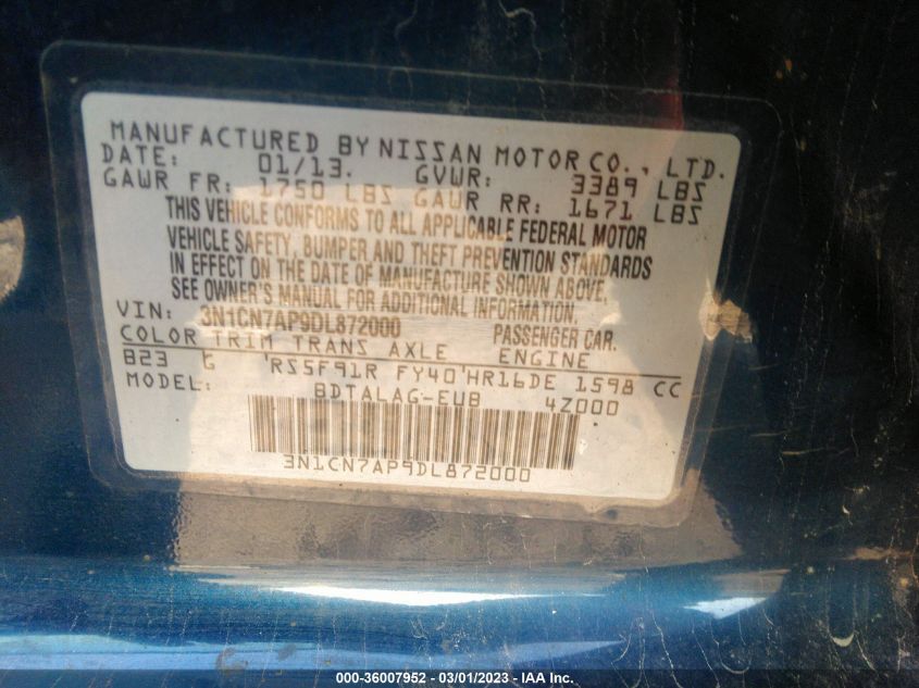 2013 NISSAN VERSA S - 3N1CN7AP9DL872000