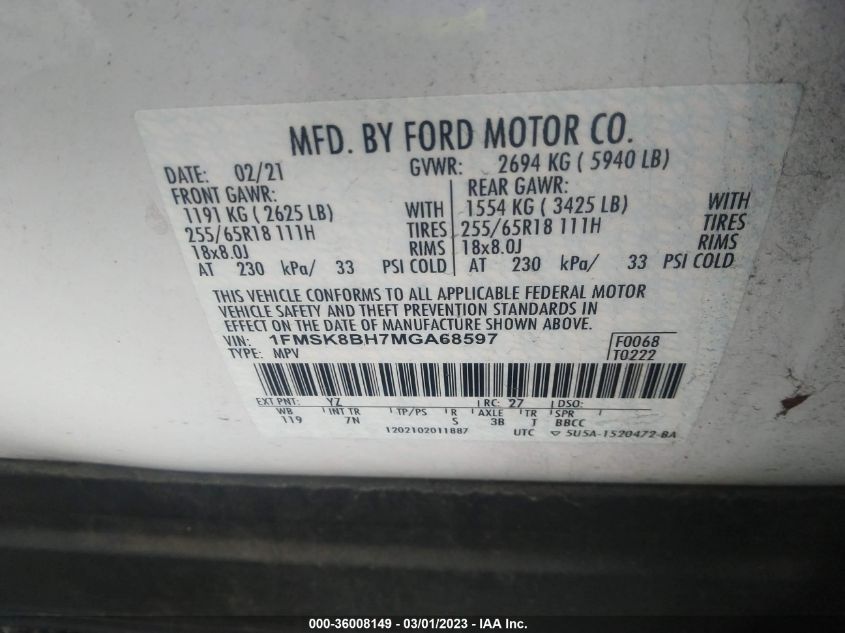 2021 FORD EXPLORER BASE - 1FMSK8BH7MGA68597