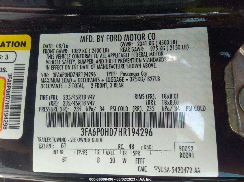 2017 FORD FUSION SE - 3FA6P0HD7HR194296