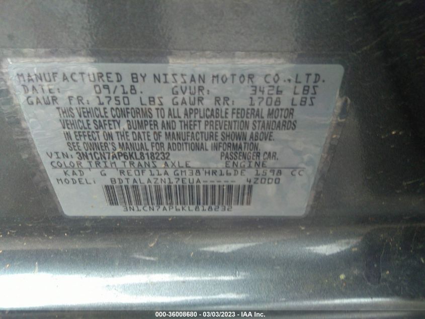 2019 NISSAN VERSA SEDAN S PLUS - 3N1CN7AP6KL818232