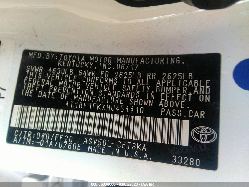 2017 TOYOTA CAMRY XLE/SE/LE/XSE - 4T1BF1FKXHU454410