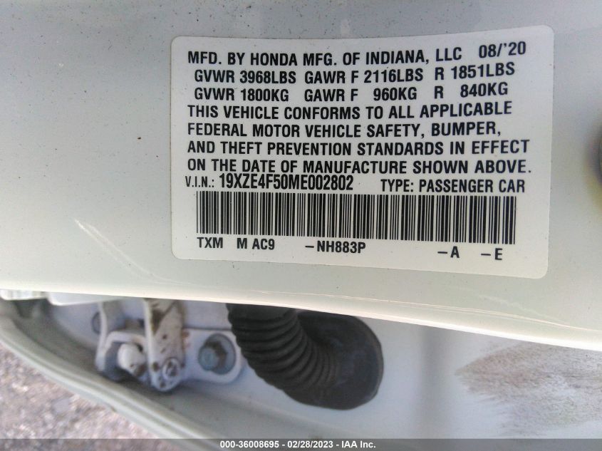 2021 HONDA INSIGHT EX - 19XZE4F50ME002802