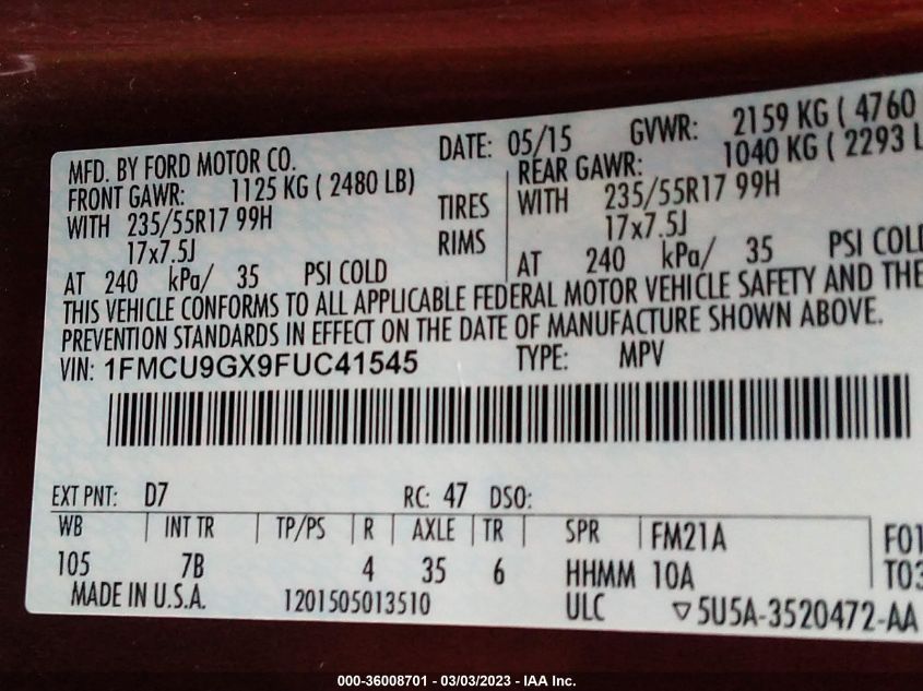 2015 FORD ESCAPE SE - 1FMCU9GX9FUC41545