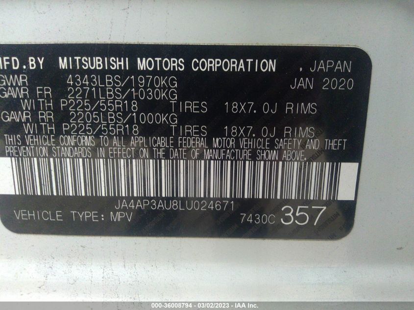 2020 MITSUBISHI OUTLANDER SPORT ES 2.0/SP 2.0 - JA4AP3AU8LU024671