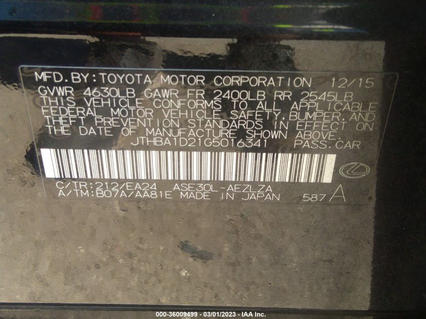 2016 LEXUS IS 200T JTHBA1D21G5016341
