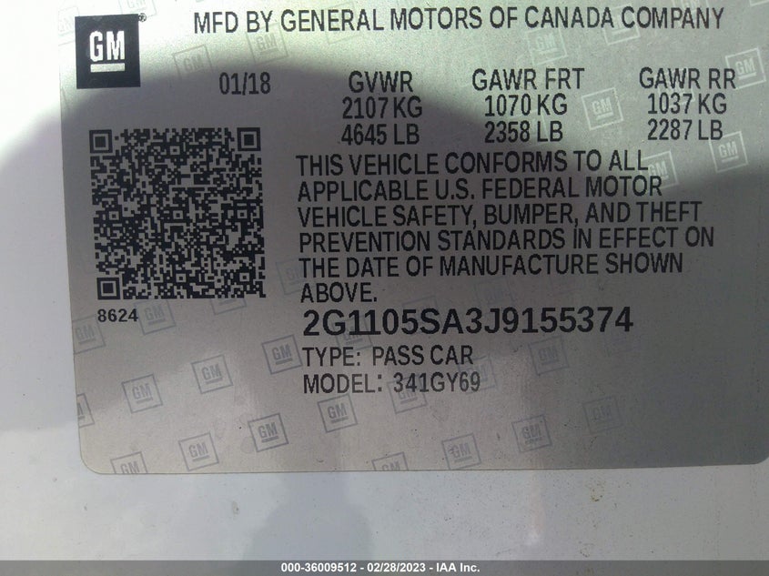 VIN 2G1105SA3J9155374 2018 CHEVROLET IMPALA LT
