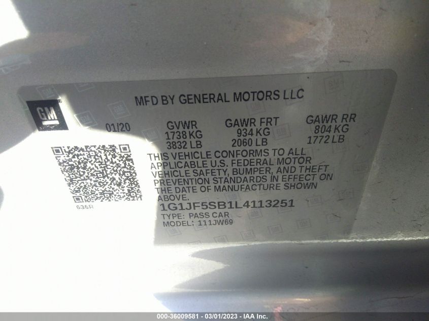 1G1JF5SB1L4113251 | 2020 CHEVROLET SONIC