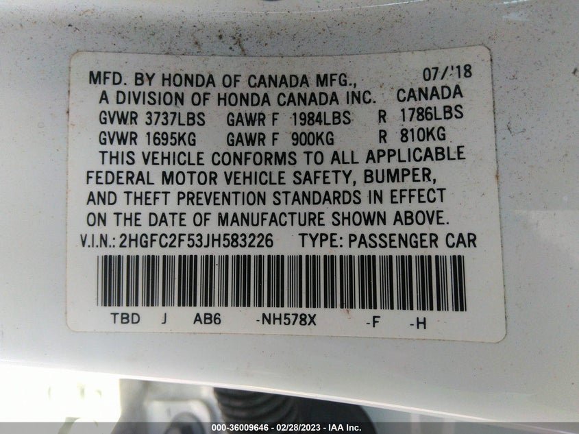 VIN 2HGFC2F53JH583226 2018 HONDA CIVIC SEDAN LX