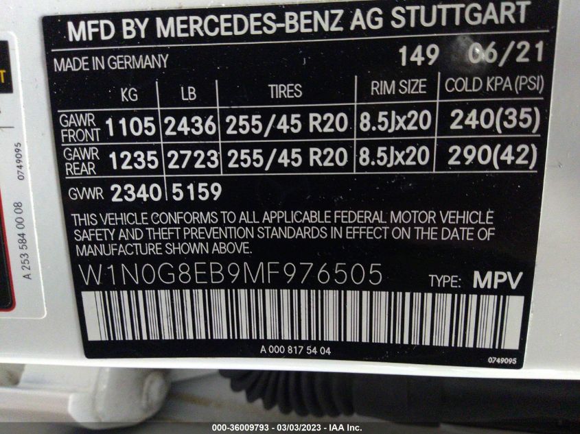 2021 MERCEDES-BENZ GLC GLC 300 - W1N0G8EB9MF976505